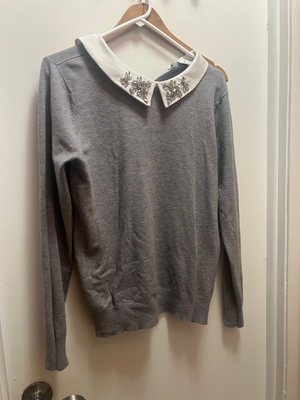 Embellished Peter Pan Collar Sweater - Gray with White Collar